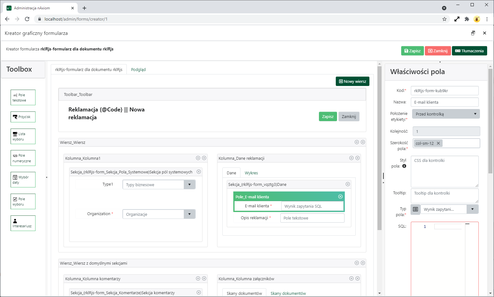 Projekt formularza w trybie designera, z lewej strony panel <code>Toolbox</code>, z prawej — panel <code>Właściwości pola</code>