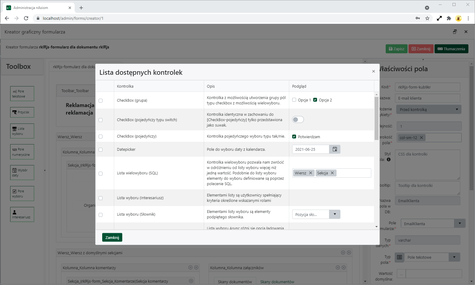 Lista dostępnych kontrolek