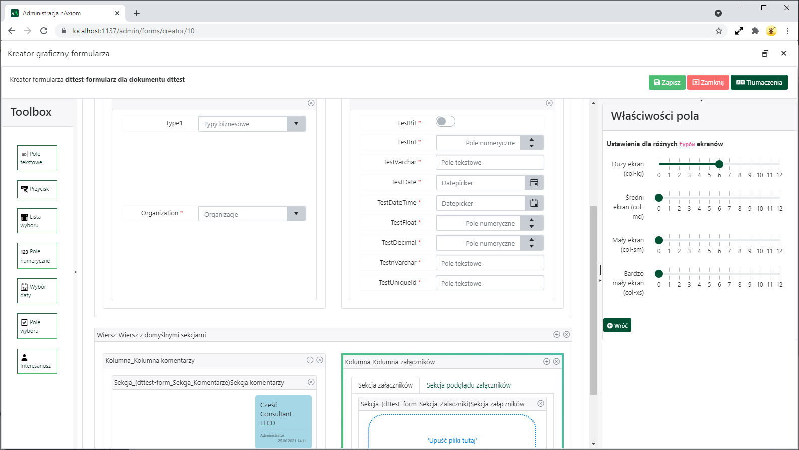 Ustawienia szerokości kontrolki formularza
