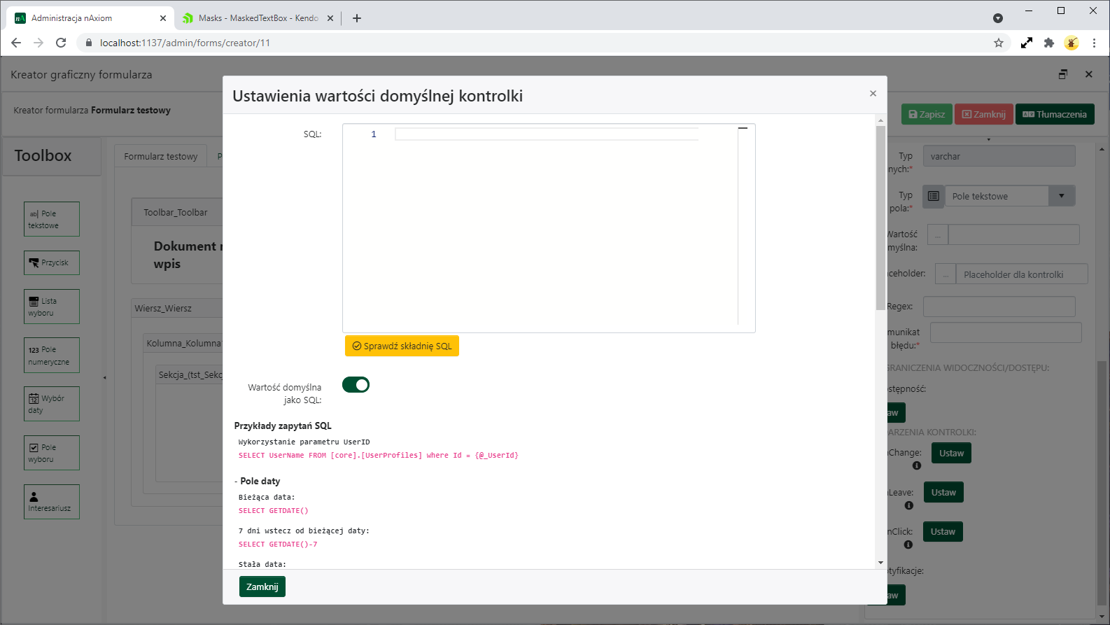 Ustawienia wartości domyślnej kontrolki