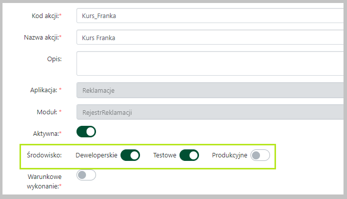 Wybór środowiska dla akcji