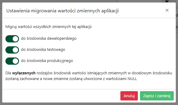 Ustawienia migrowania wartości zmiennych aplikacji