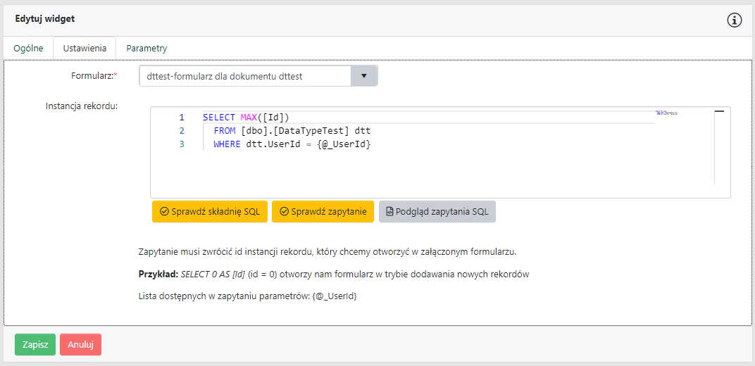 Konfiguracja widżetu formularz