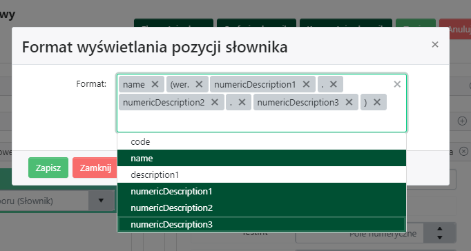 Format wyświetlania pozycji słownika