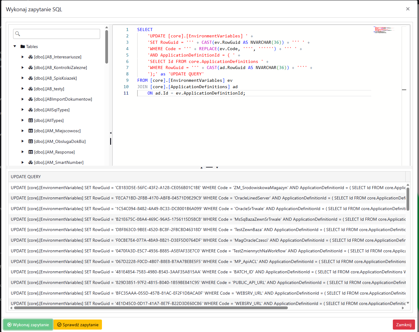 Wynik zapytania otrzymany z poziomu AdminSPA
