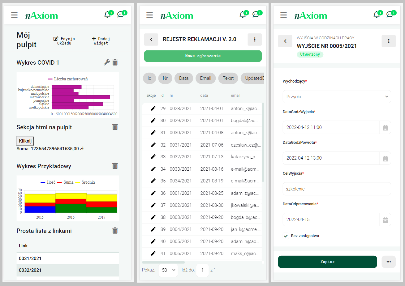 Widok pulpitu, listy i formularza na urządzeniu mobilnym
