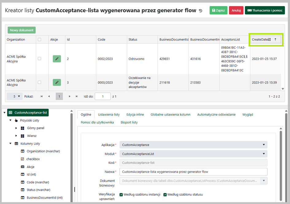 Ustawianie domyślnego sortowania listy