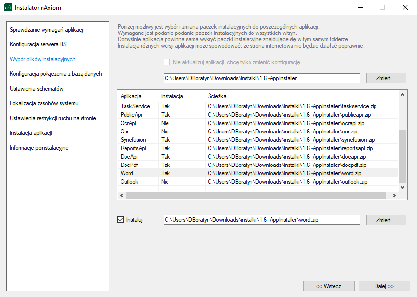Wybór plików instalacyjnych