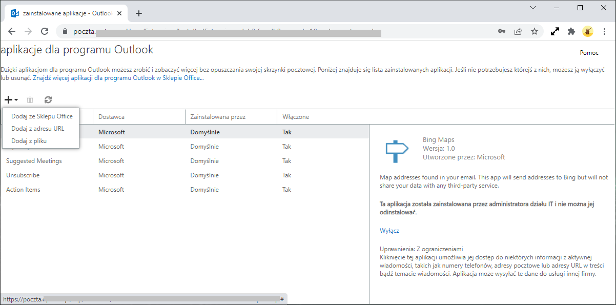 Dodawanie aplikacji dla programu Outlook